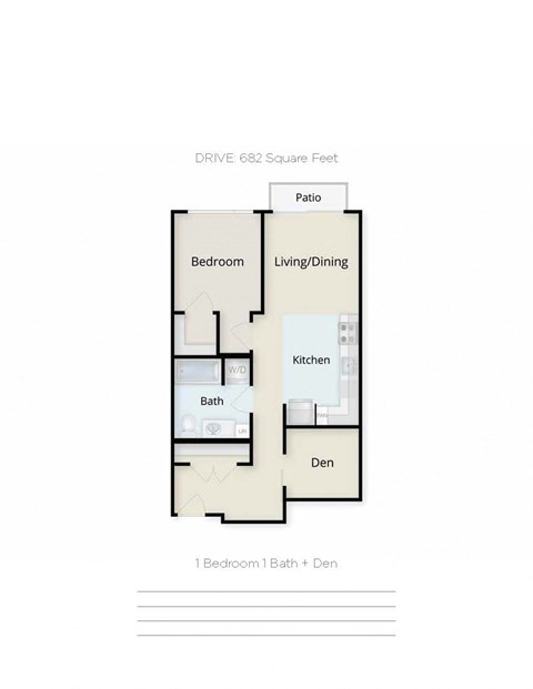 Floor plan for 1 bed, 1 bath, 682 sqft